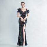 Harlem Nights Outfits Velvet High-Density Sequined Fishtail Evening Dress