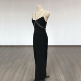 Women Evening Dress Crystal Drill Chain Straps Tulle Backless Evening Gown