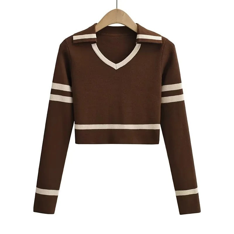Women Sweater Knitwear Vintage Stripe Short Knitwear Autumn V Lapel Long Sleeves Cropped Top