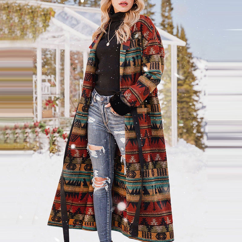 Women Trench Coat Fall Duplex Printing British Lapel Long Trench Coat and Overcoat