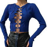 Women T-shirt Hollow-out Short round Neck T-shirt Ribbed Long Sleeve Top