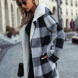Women Trench Coat Autumn Lapel Long Sleeve Buckle-Free Plaid Long Loose Cardigan Double-Sided Casual Coat
