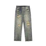 Men Jeans Washed Distressed Ripped Jeans Hiphop Loose Straight Trousers