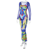 Women Dresses Fall Printed Mesh Slim Fit Patchwork Long Sleeve Dress