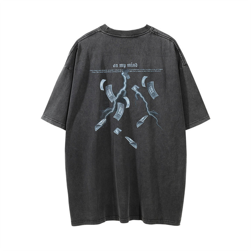 Men Vintage T-Shirt Printed Washed and Worn Short-Sleeved T-shirt Men's Ins Loose