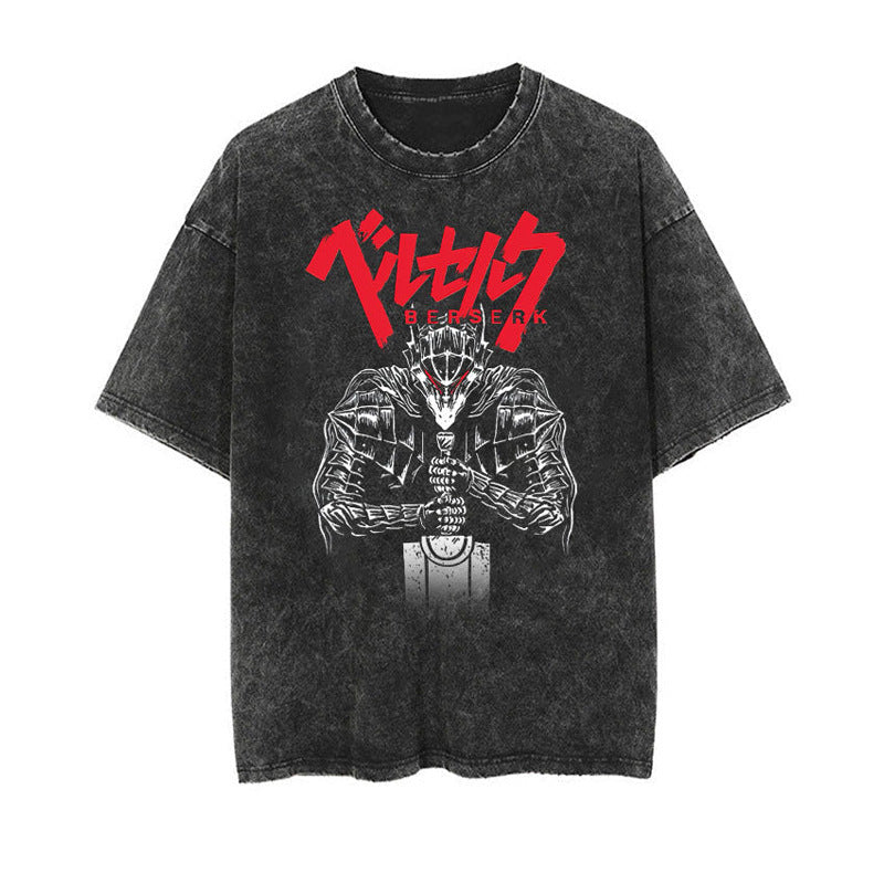 Cotton washed summer retro printed shoulder T-shirt men's and women's short sleeves