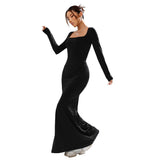 Women Dress Black Knitted Long Sleeve Narrow Long Dress with Square Collar