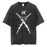 2024Harajuku Streetwear Black Washed T-Shirt Anime Graphic