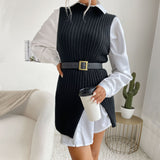 Women Knitted Sweater Autumn Split Solid Color Mid-Length Vest Sweater