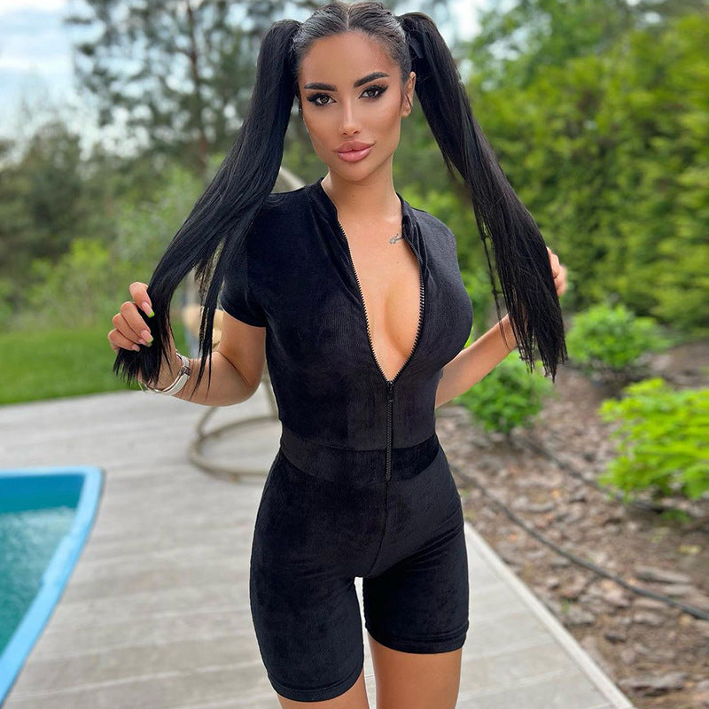 Women Jumpsuit Spring Sexy Zipper Slim Fit Short-Sleeved Jumpsuit