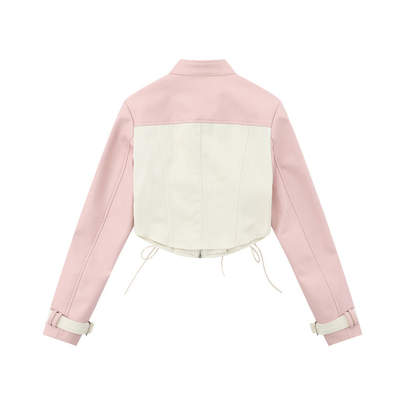 Women Jacket PU Leather Jacket Autumn and Winter Stand Collar Lace up Short Coat