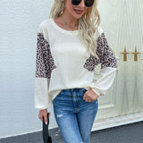 Women Knitted Sweater Autumn Loose round Neck Base Leopard Splicing