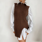 Women Knitted Sweater Autumn Split Solid Color Mid-Length Vest Sweater