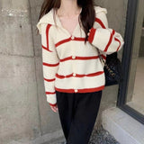 Women Knitwear Autumn and Winter Striped Sailor Collar Sweater Loose Knitted Cardigan