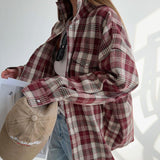 Women Trench Coat Autumn and Winter Long Sleeve Plaid Shirt Retro Plaid Shirt