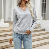 Women Knitted Sweater Autumn Loose Gray Long Sleeves Lace Sweater