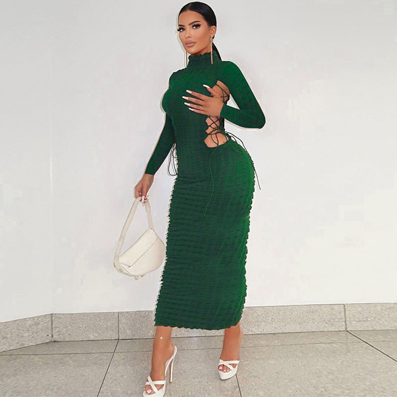 Women Dresses Fall Hollow out Tied Turtleneck Long Sleeve Dress