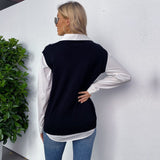 Women Knitted Sweater Autumn Plaid V-neck Thermal Knitting Sweater Vest for Women