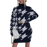 Women Knitted Sweater Autumn and Winter Turtleneck Loose Long Sleeve Houndstooth Woolen Skirt
