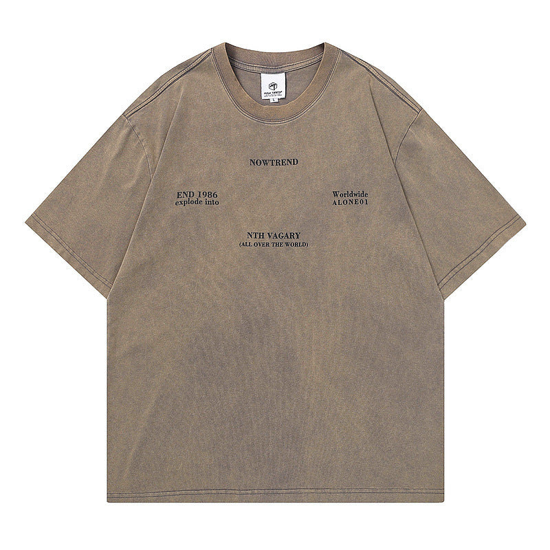 Men T Shirt Worn Looking Washed-out Letter Print Short-Sleeve T-shirt