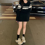 Women Knitted Pullover Striped Loose Sweater Autumn Winter Retro Knitwear Coat
