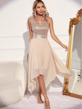 Women Evening Gown Sexy Retro Chiffon Stitching Green Sequins Dress