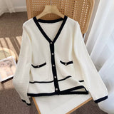 Women Sweater Knitwear Autumn and Winter Classic Style Contrast Color V-neck Knitted Cardigan Sweater Coat