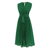 Women Date Dress Summer V-neck Pleated Sleeveless Waist Dress