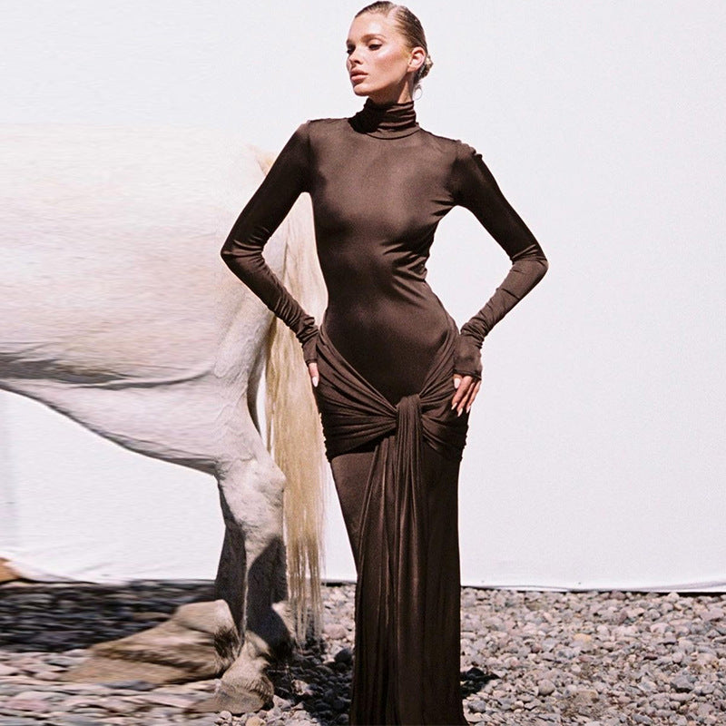 Women Dresses Spring Turtleneck Long Sleeve Long Slim Fit Dress