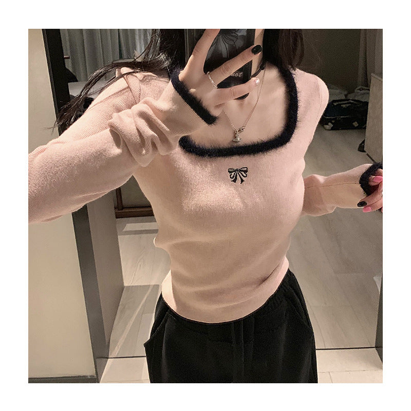Women Knitted Pullover Square Collar White Knitwear Spring and Autumn Sweater