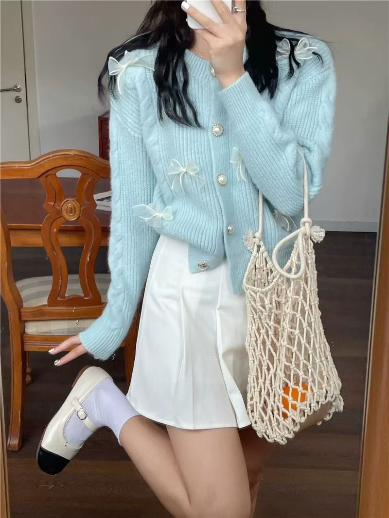 Women Knitwear Spring and Autumn round Neck Bow Silk Knitted Cardigan