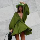 Women Dress Sexy Backless Lantern Sleeve Dress