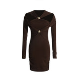 Women Dresses Spring Hollow-out Slim-Fit Long-Sleeved Dress Skirt (Qymy0409)