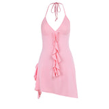 Women Dresses Summer Slim Fit Backless Short Skirt Lace V-neck Dress