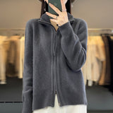 Women Knitted Cardigan Lapel Double Zipper Long Sleeve Women's Autumn and Winter Loose Knitted Coat