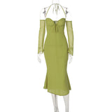 Women Dresses Chiffon Sexy Backless Dress Long Sleeve (Bla0420)