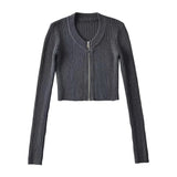 Women Sweater Knitwear Autumn and Winter round Neck Vertical Stripes Knitted Short Top Zipper Sweater