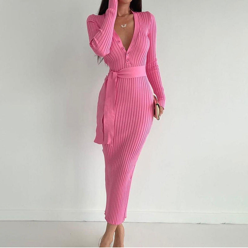 Women Dresses Knitted Sexy V-neck Long Sleeve Dress Slim Fit Long Dress