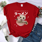 2024Harajuku Cat Neko Noodles Ramen Tee Shirts Summer