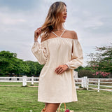 Women Dress Spring/Summer Loose Casual Short Skirt off-Shoulder Braces Long Sleeve Dress