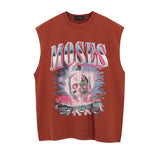 Men Vest Vintage Skull Print round Neck Sleeveless Vest