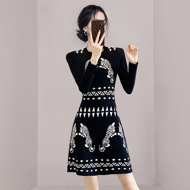 Women Maxi Dress Jacquard Knitted Dress Fall/Winter Sweater Dress