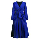 Women Date Dress Sexy V-neck Bubble Lantern Sleeve Pleated Skirt