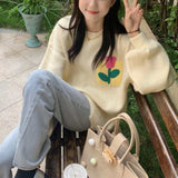 Women Knitwear Autumn Three-Dimensional Flower round Neck Sweater Loose Sweater