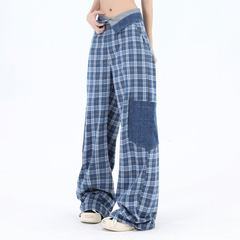 Men Sweatpants Plaid Casual Trousers Pocket Loose Wide Leg Pants Drawstring Ankle-Tied Cargo Pants