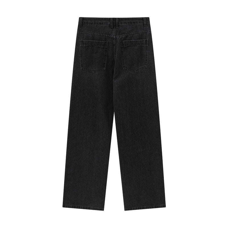 Men Jeans Embroidered Patch Distressed Trousers Vintage Straight Jeans
