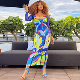 Women Dresses Fall Printed Mesh Slim Fit Patchwork Long Sleeve Dress