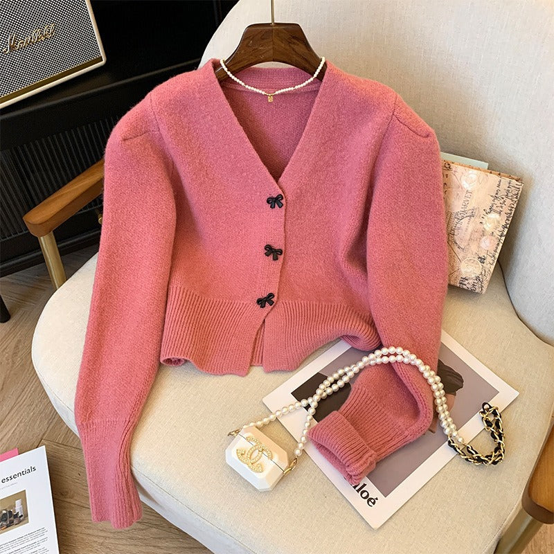 Women Knitted Cardigan Bow Button V-neck Knitted Cardigan Short Autumn and Winter Sweater