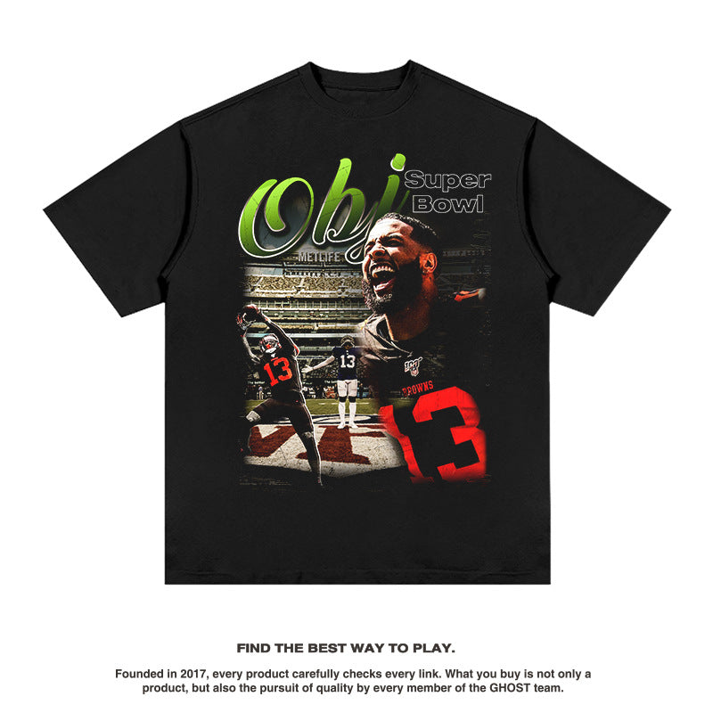 Mens Vintage baseball T-Shirt OBJ Printed Short Sleeve T-Shirt Crew Neck Washed Old Loose Cotton