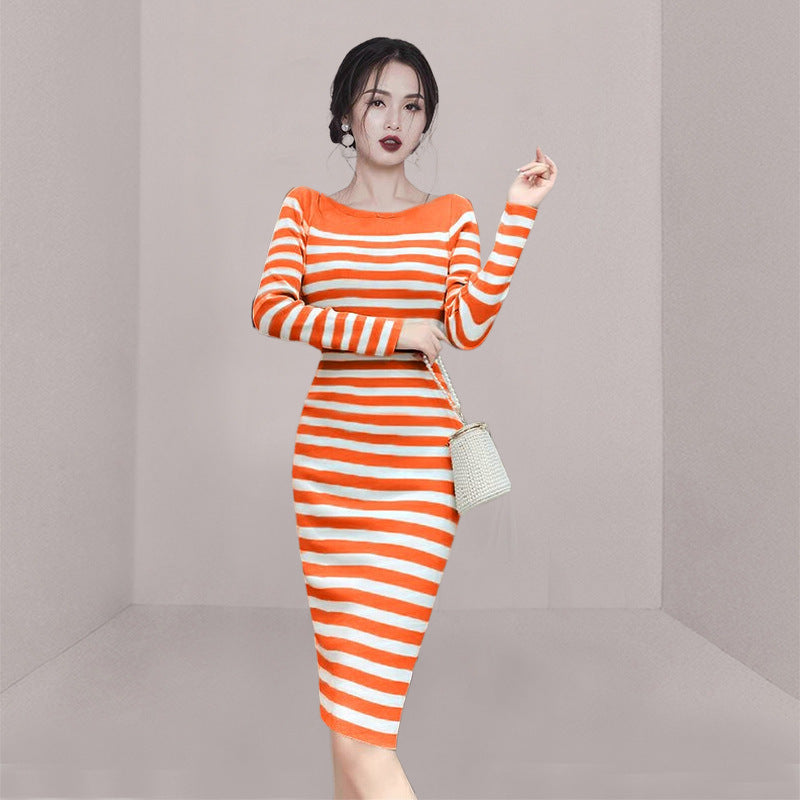Women Maxi Dress Autumn and Winter Striped Long Sleeve Narrow Knitted Dress